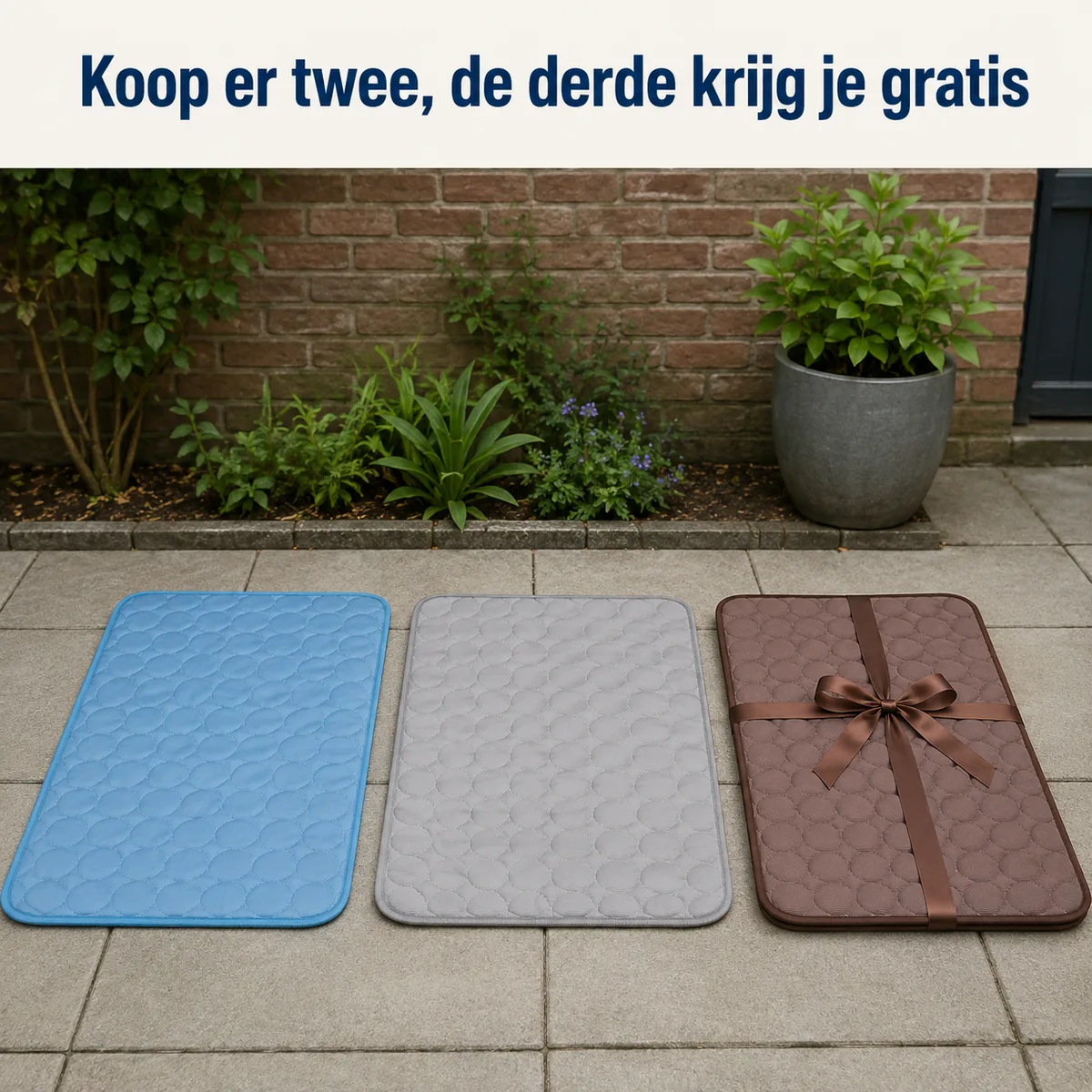 Drie koelmatten naast elkaar, de derde met een strik: je koopt er twee, je krijgt er drie