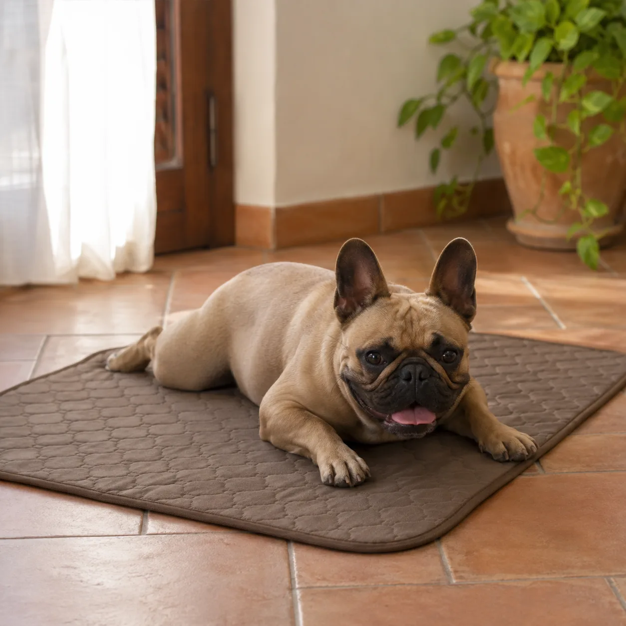 Franse bulldog op zijn buik op een bruine Frimouf koelmat