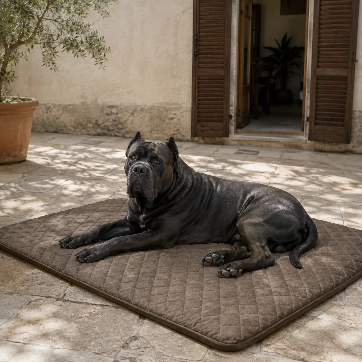 Cane corso helemaal uitgestrekt op een grijze Frimouf koelmat in maat XL