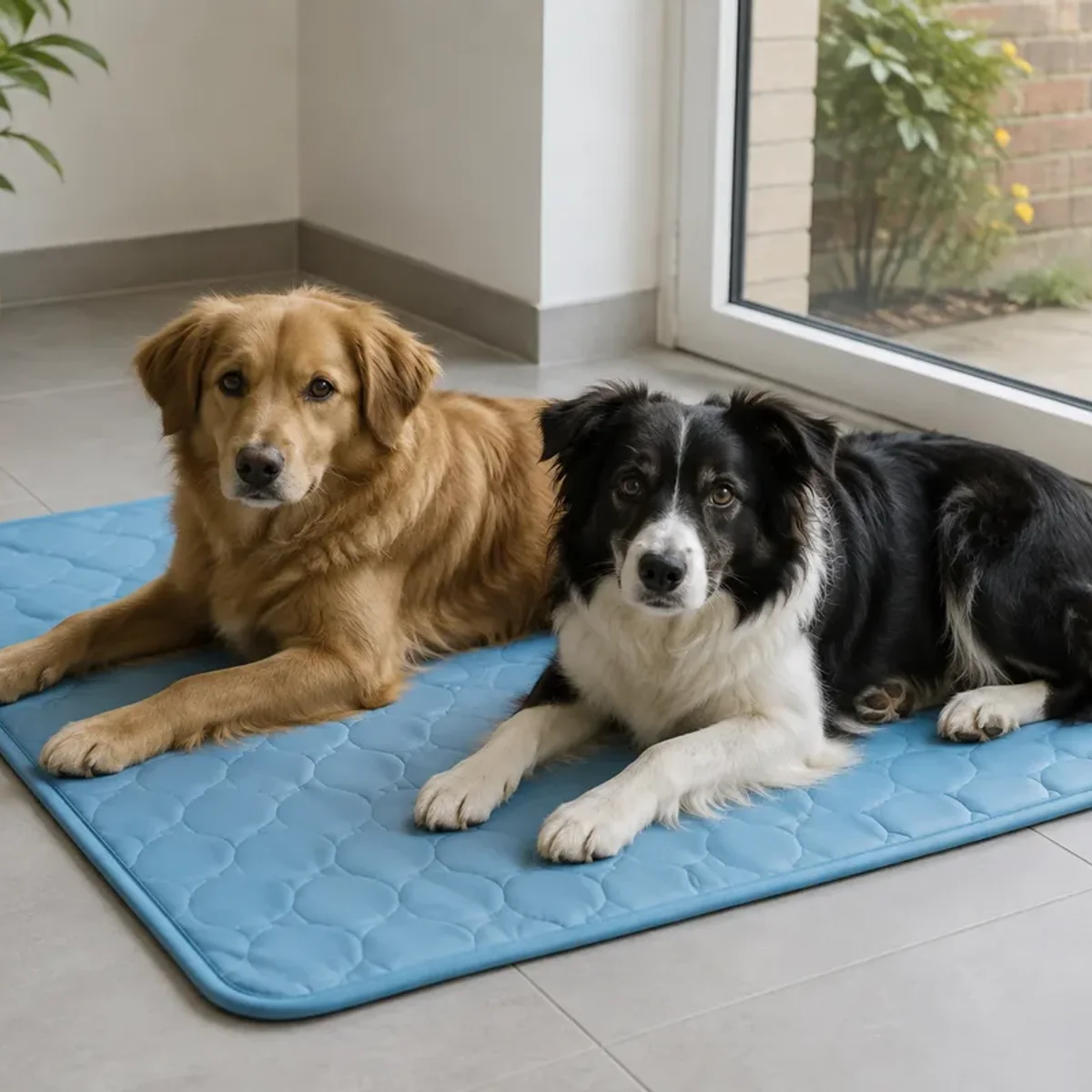 Golden retriever en border collie samen op een blauwe Frimouf Ice koelmat bij de tuindeuren