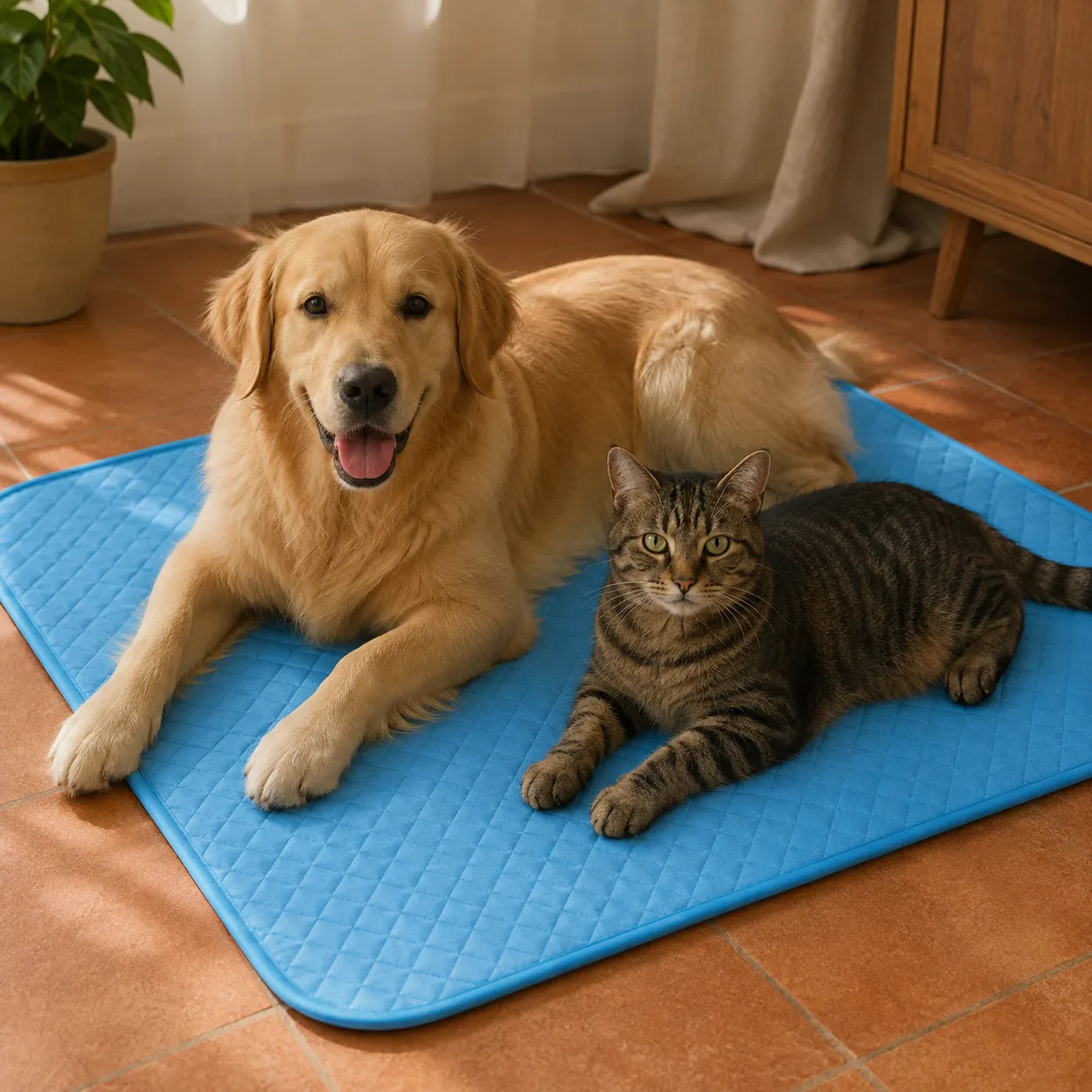 Een hond en een kat samen op dezelfde Frimouf Ice koelmat