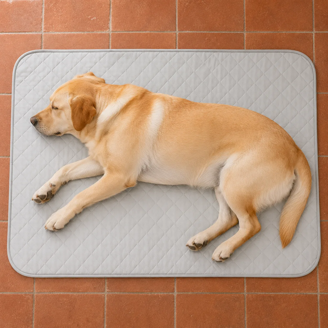 Labrador van bovenaf op een grijze Frimouf koelmat, zijn lichaam bedekt bijna het hele oppervlak