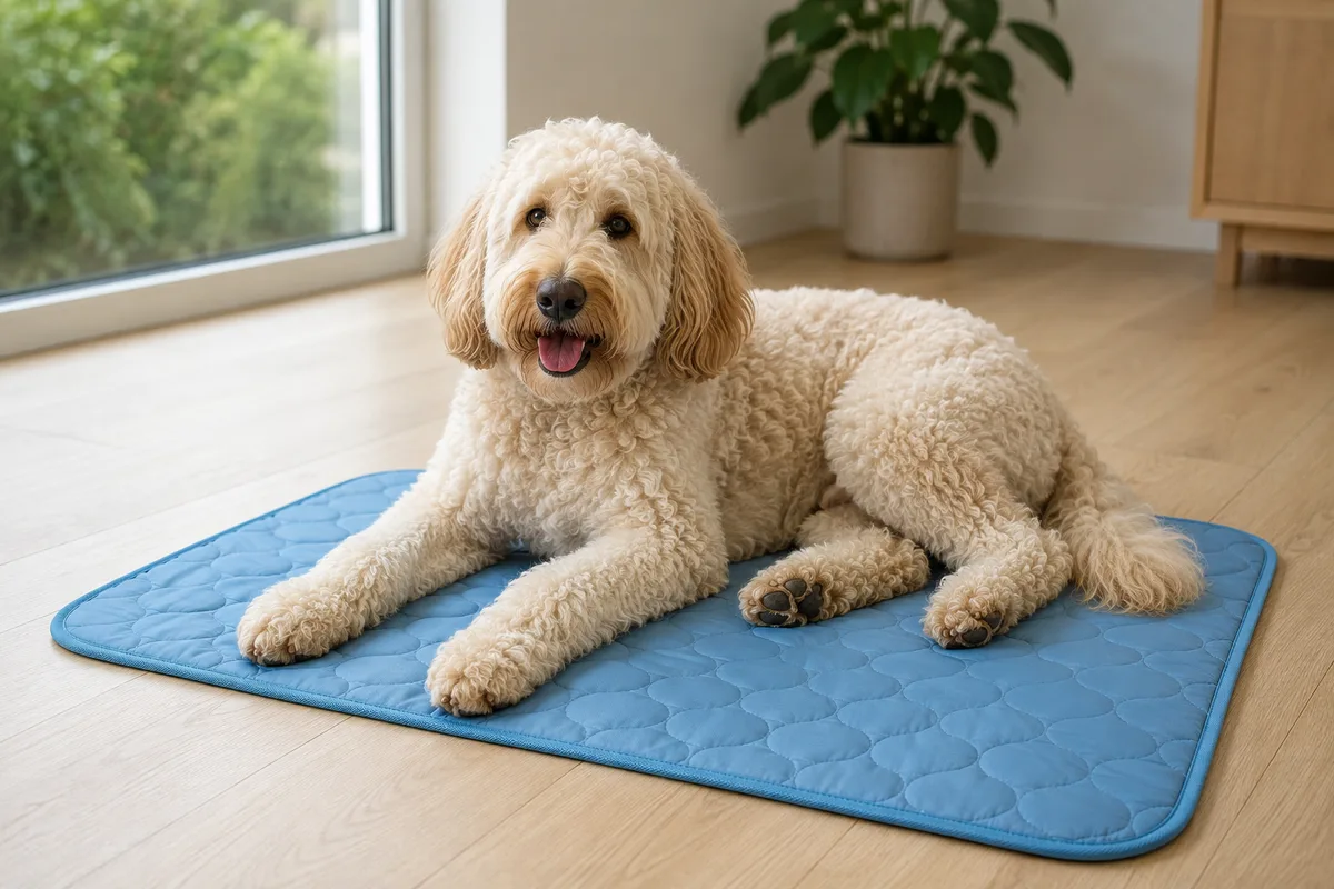 Labradoodle ligt op een blauwe Frimouf koelmat op een houten vloer bij een raam en kijkt op naar de camera