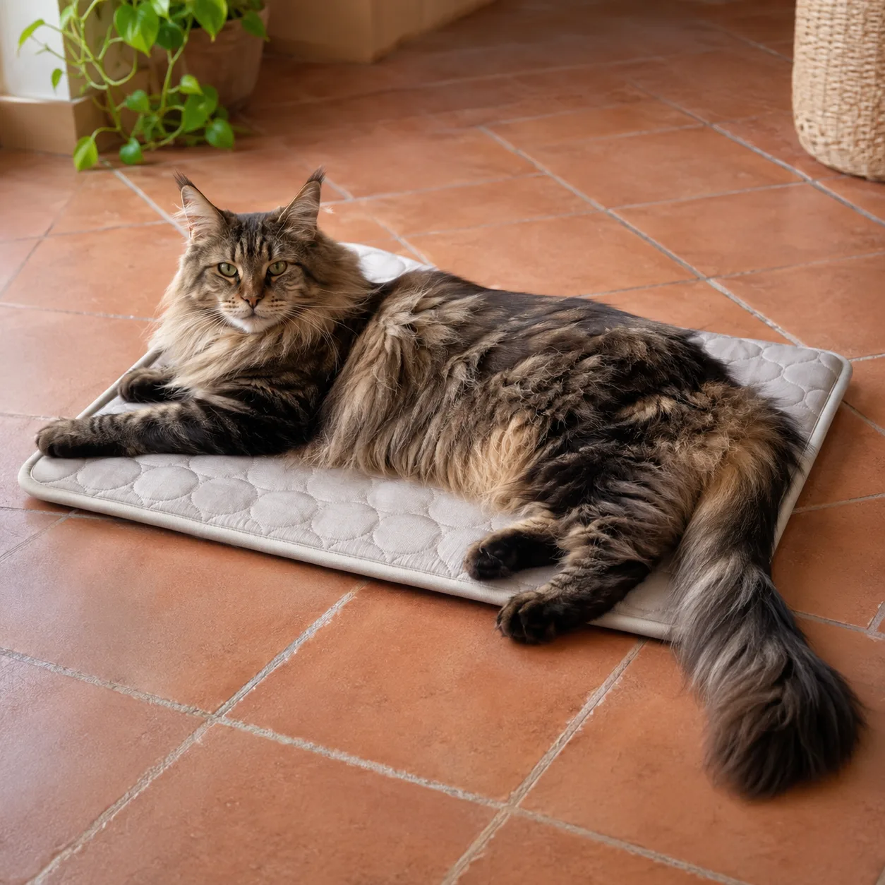 Maine coon uitgestrekt op een grijze koelmat