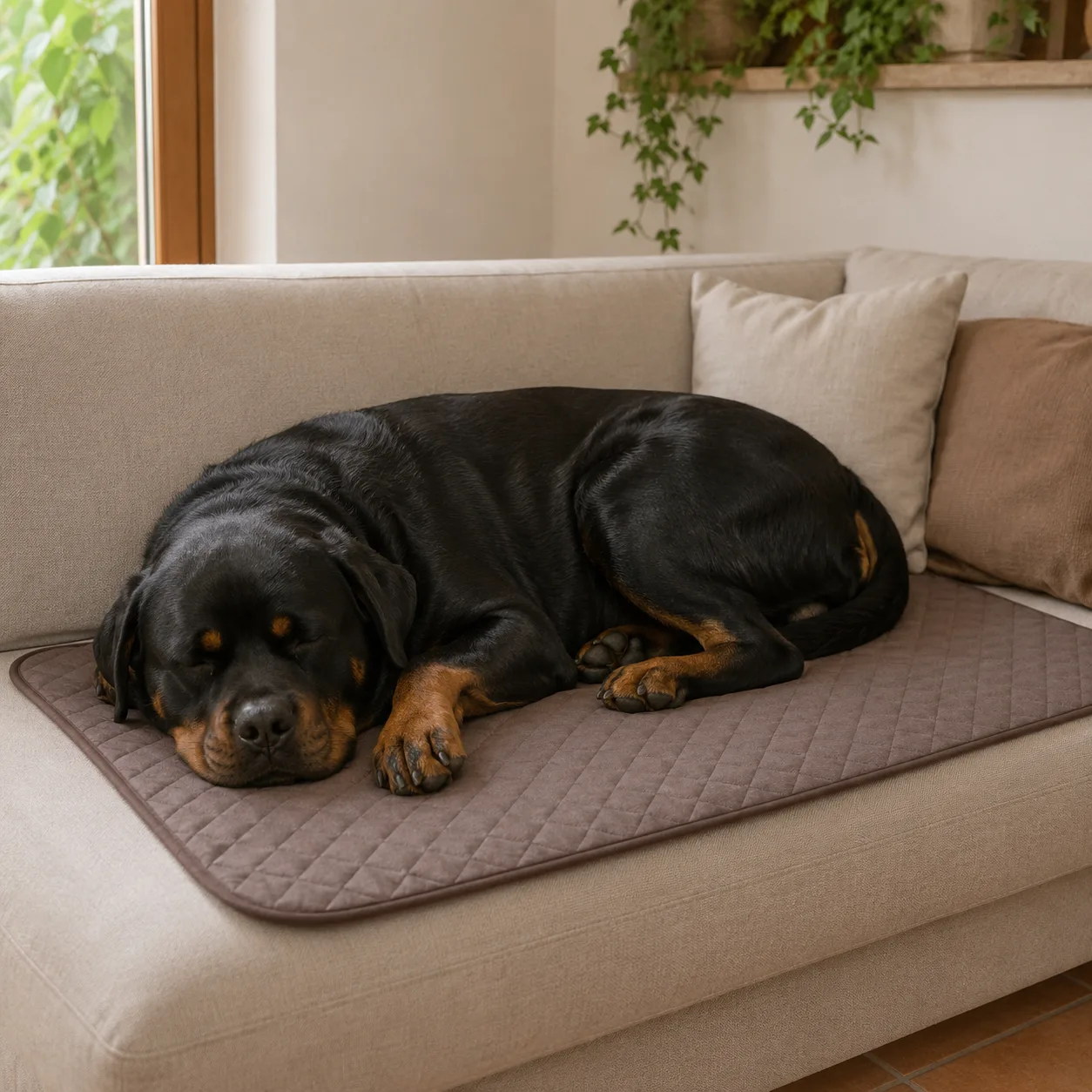 Slapende rottweiler op een bruine Frimouf koelmat op de bank