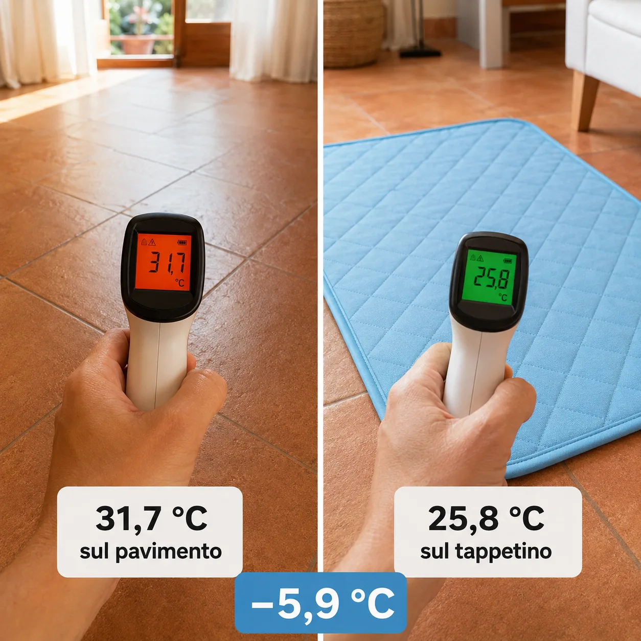 31,7 graden op de vloer tegen 25,8 graden op de Frimouf Ice koelmat, gemeten met een infraroodthermometer