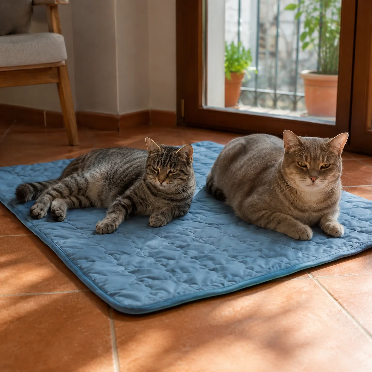 Twee katten naast elkaar op een grote blauwe koelmat