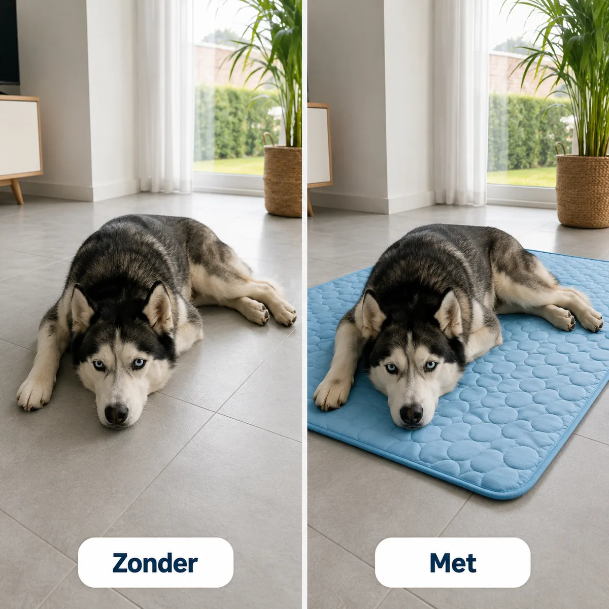 Dezelfde hond op de kale vloer en op de Frimouf Ice mat, in dezelfde kamer